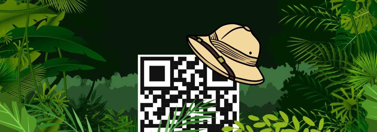 QR code with a pith helmet on it on a jungle background